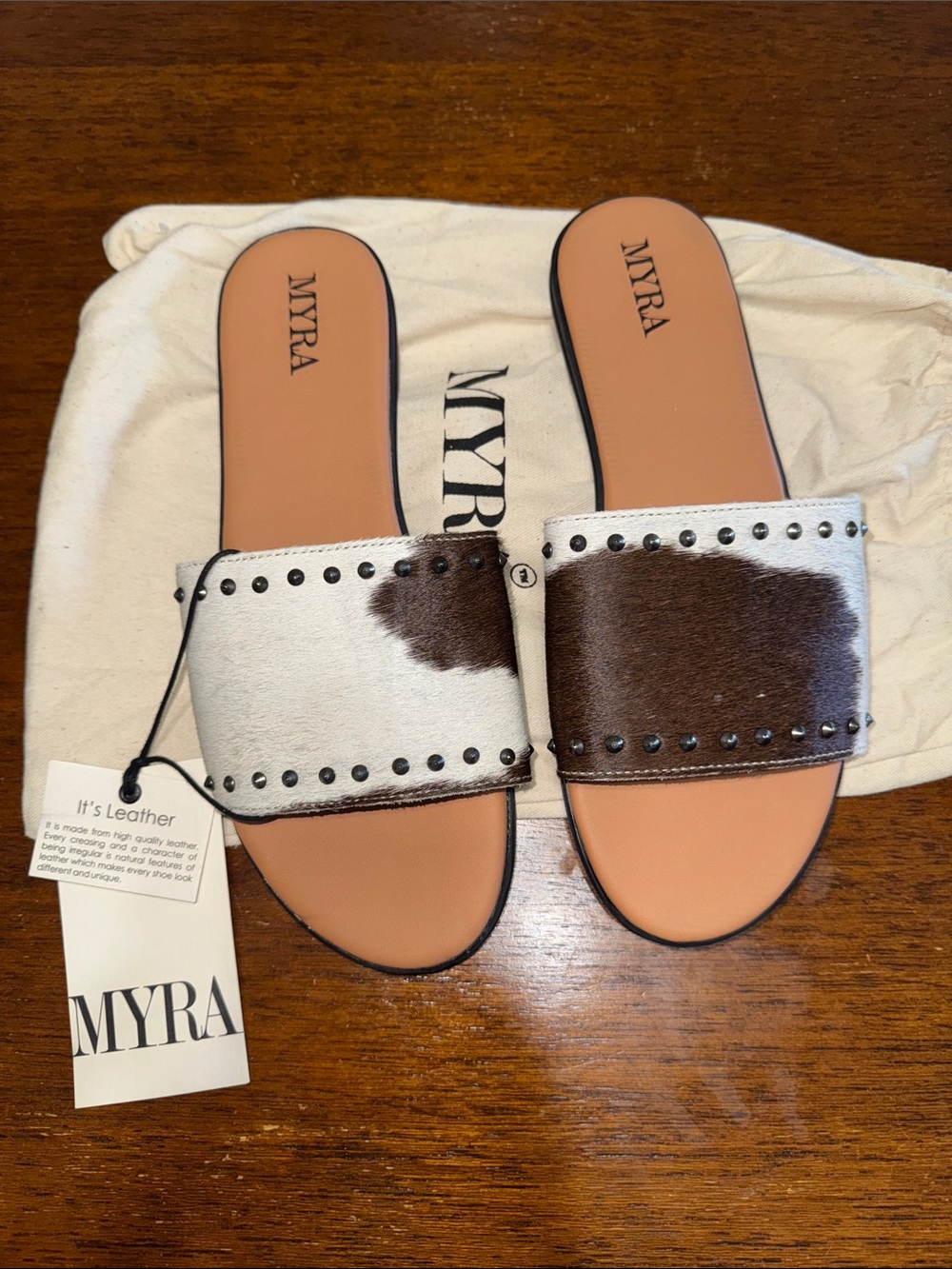 NWT & Bag Myra Cowhide Slide Sandals in Brown & White
